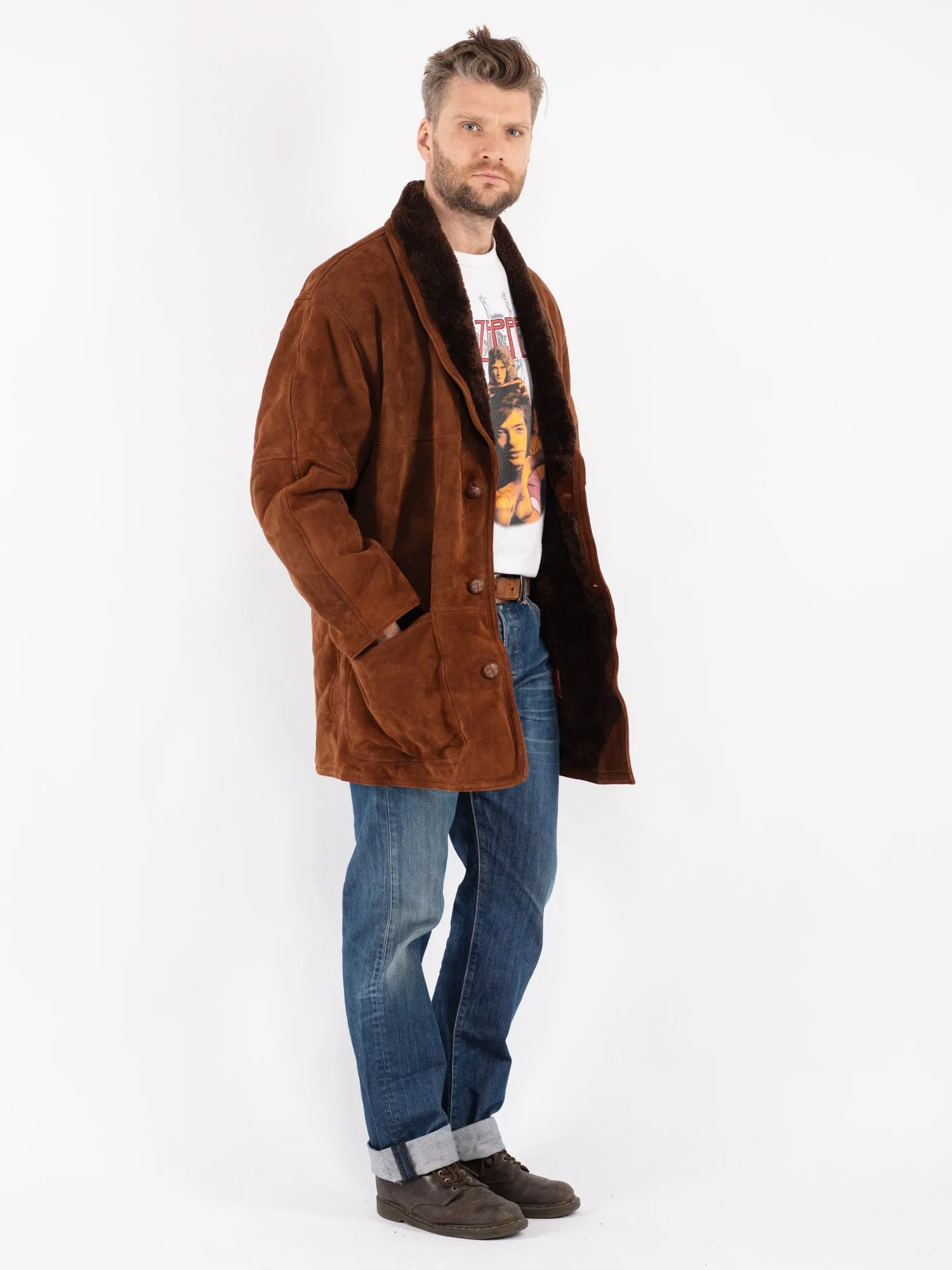 Vintage 90's Men Sheepskin Shearling Coat in Brown