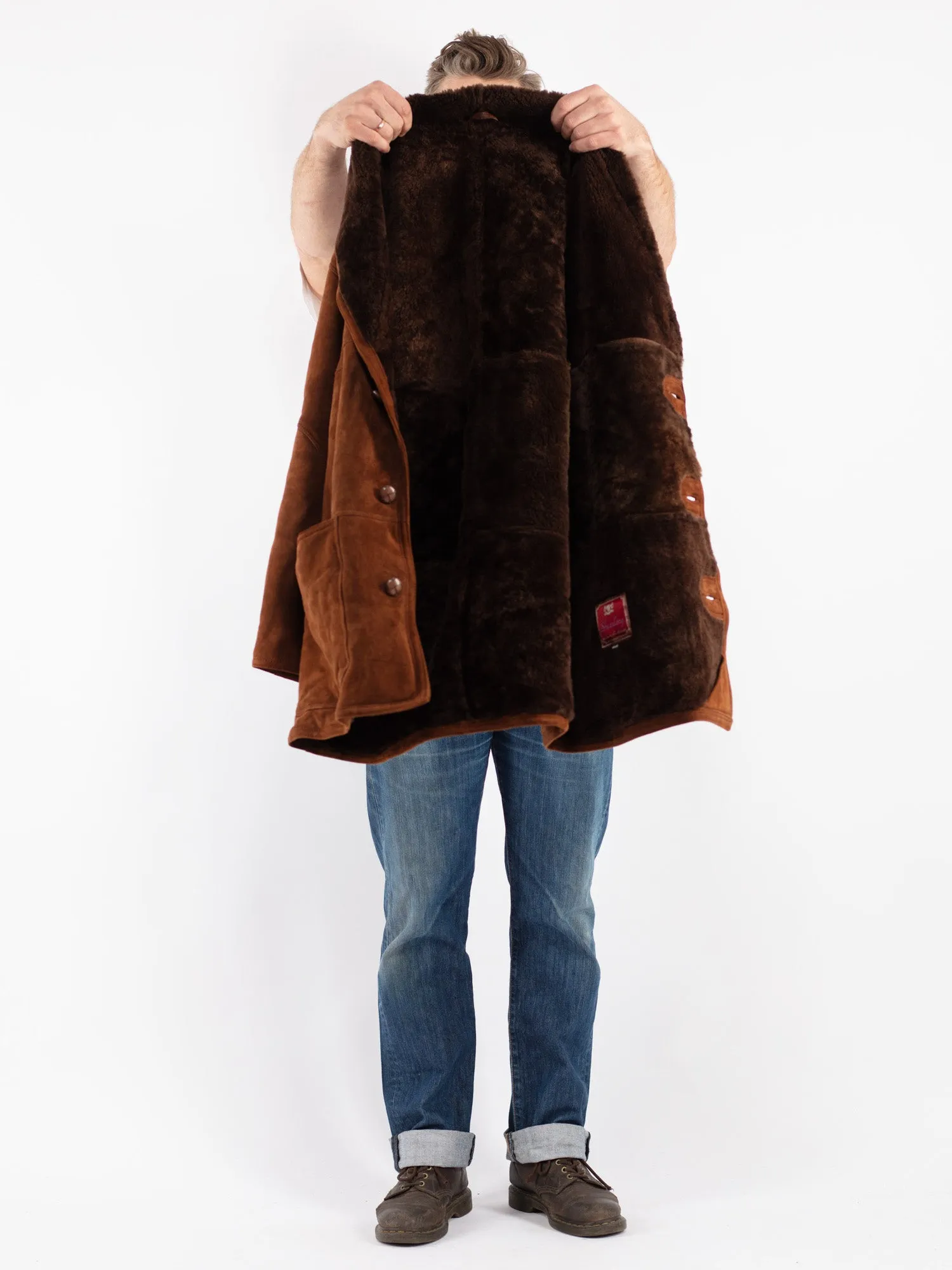 Vintage 90's Men Sheepskin Shearling Coat in Brown