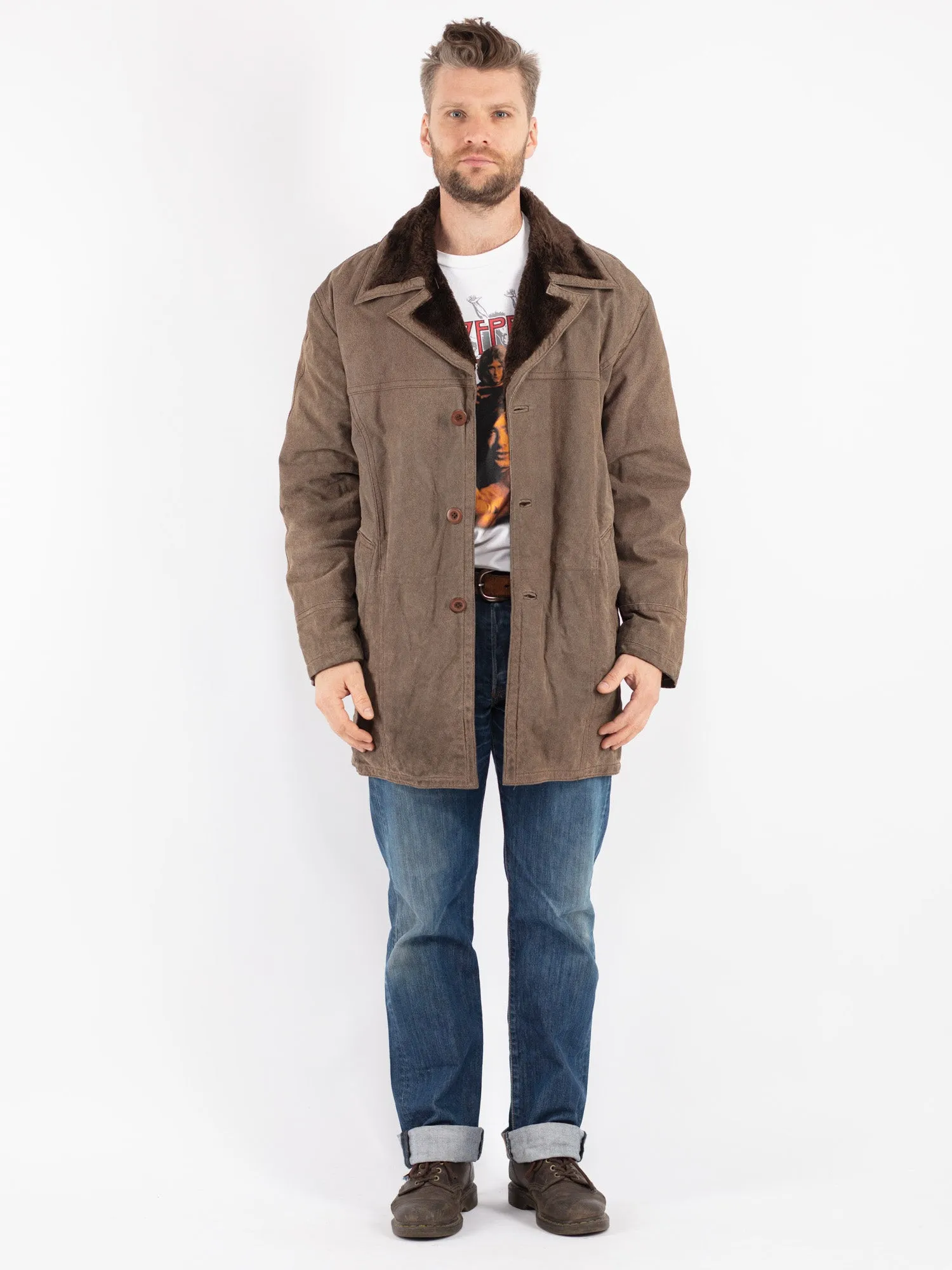 Vintage 90's Men Suede Sherpa Coat in Beige