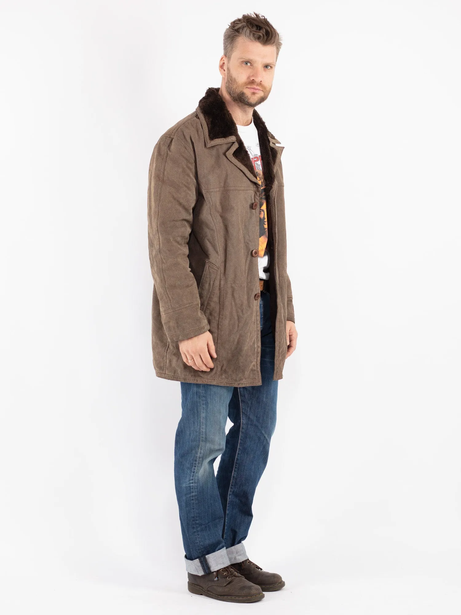 Vintage 90's Men Suede Sherpa Coat in Beige