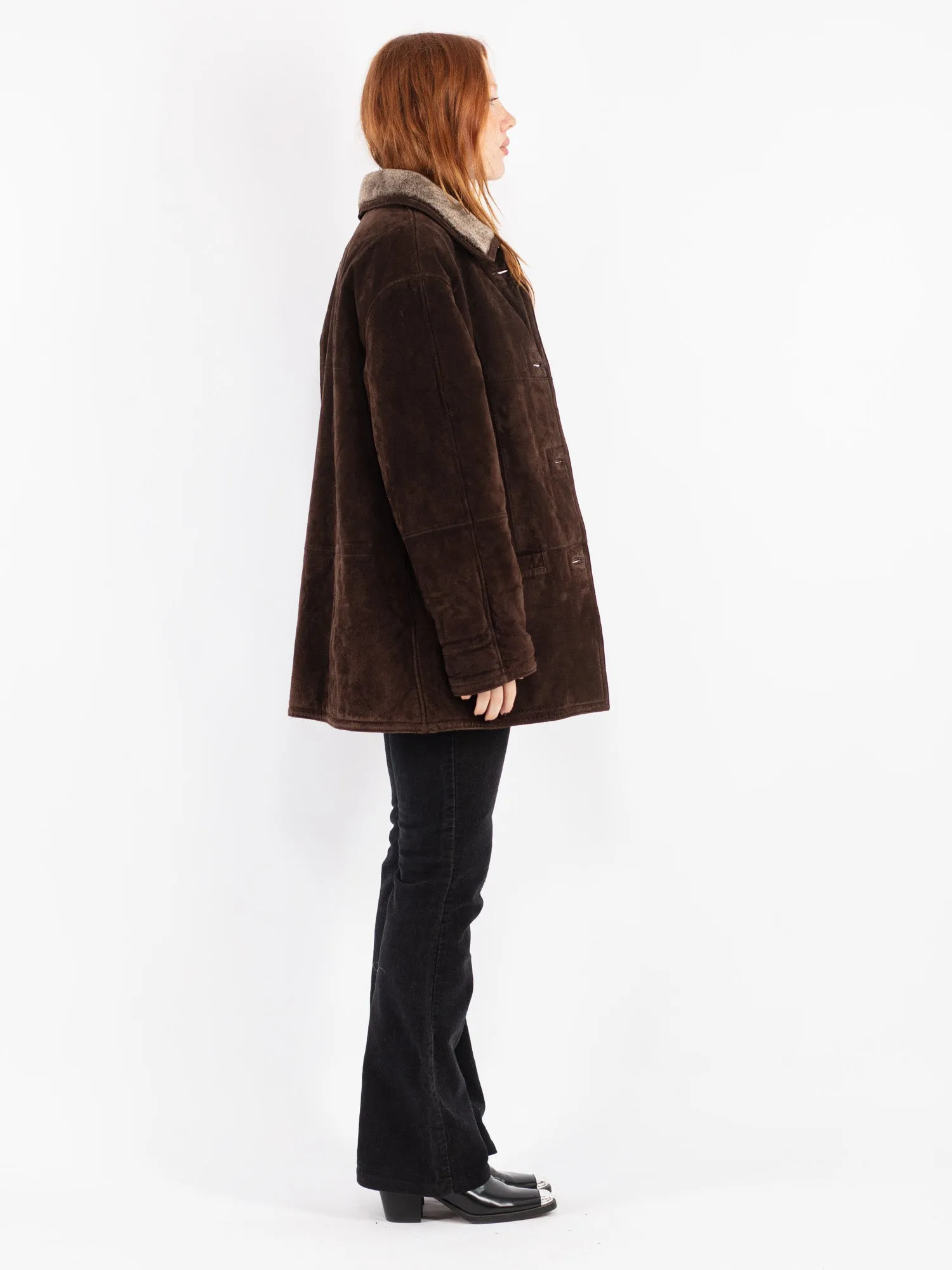 Vintage 90's Women Suede Sherpa Coat in Brown