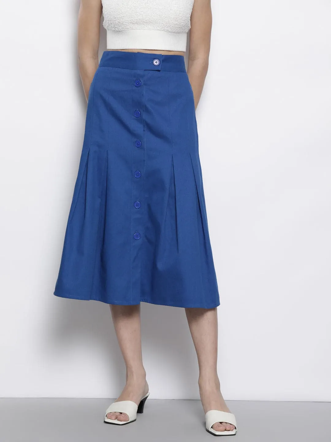 Women Blue Twill Front Button Pleated Skirt