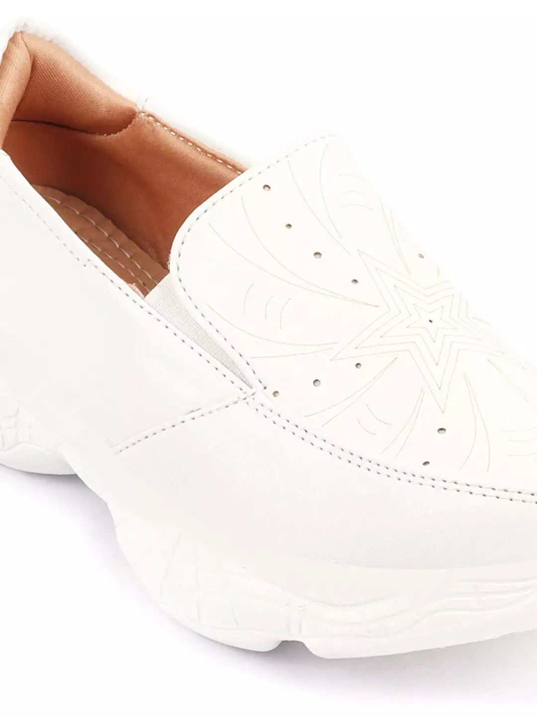 Women White Printed Design Stitched Comfort Slip On Sneaker Shoes