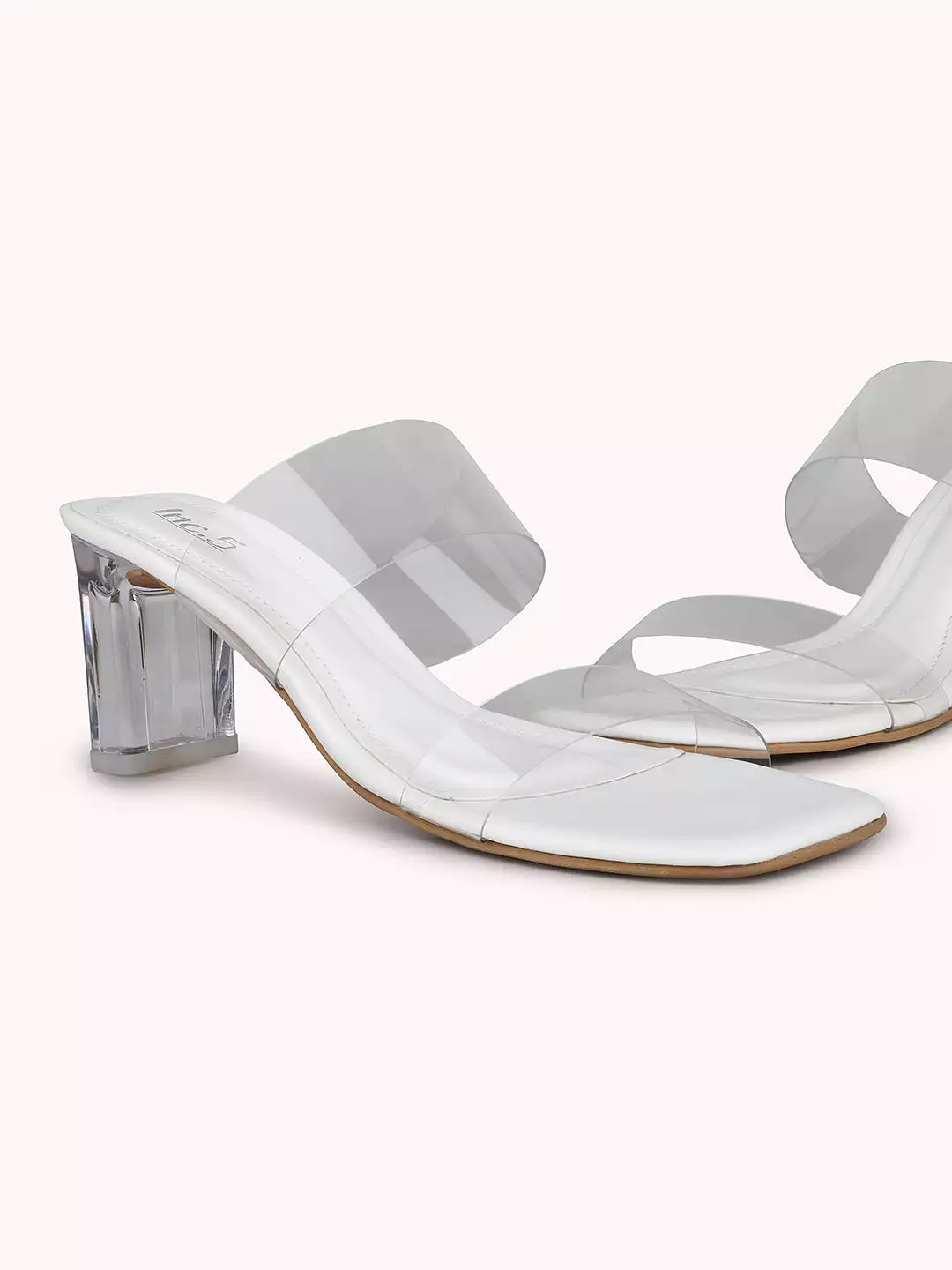 Women White Two Strape Transparent Block Heel Sandals