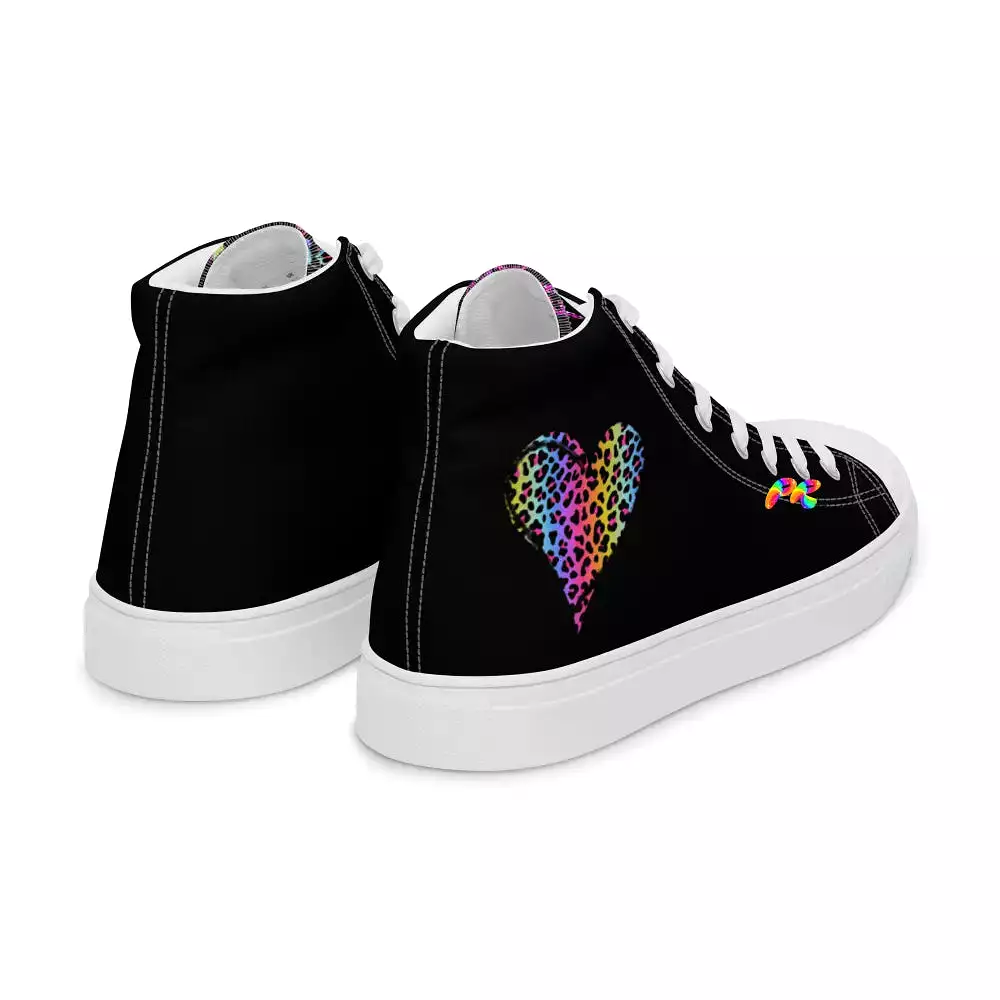 Women's Black High Top Canvas Shoes With Heart and Flow Artist in Leopard Print