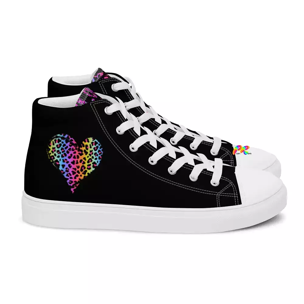 Women's Black High Top Canvas Shoes With Heart and Flow Artist in Leopard Print