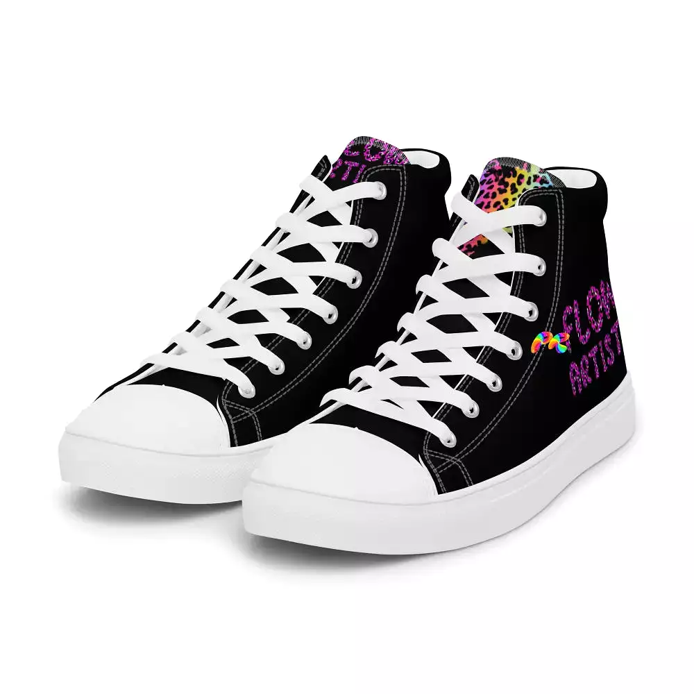 Women's Black High Top Canvas Shoes With Heart and Flow Artist in Leopard Print