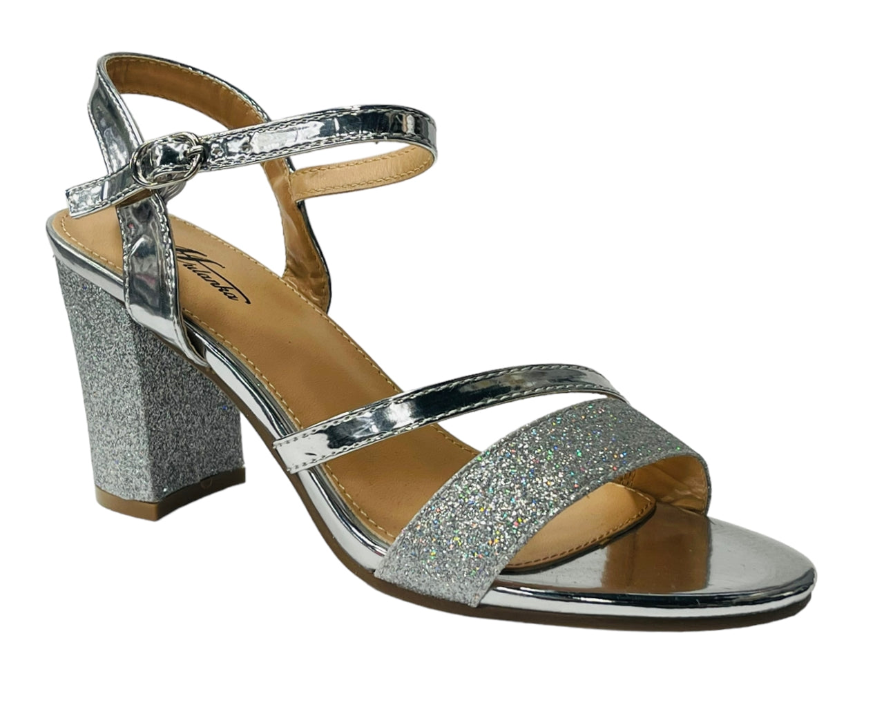 Women's Glitter Block Heel Ankle Strap Shoes