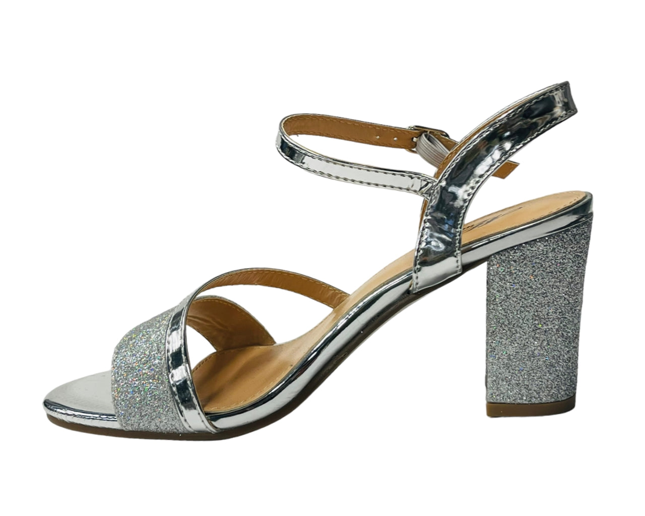 Women's Glitter Block Heel Ankle Strap Shoes