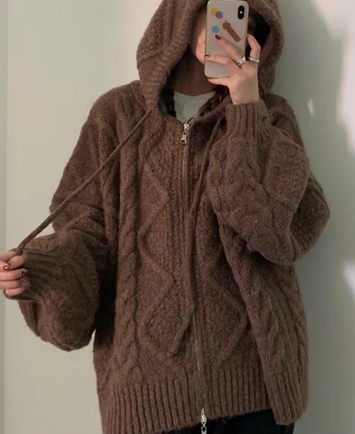 Women's Oversized Knitted Hooded Cardigan Twist Sweater