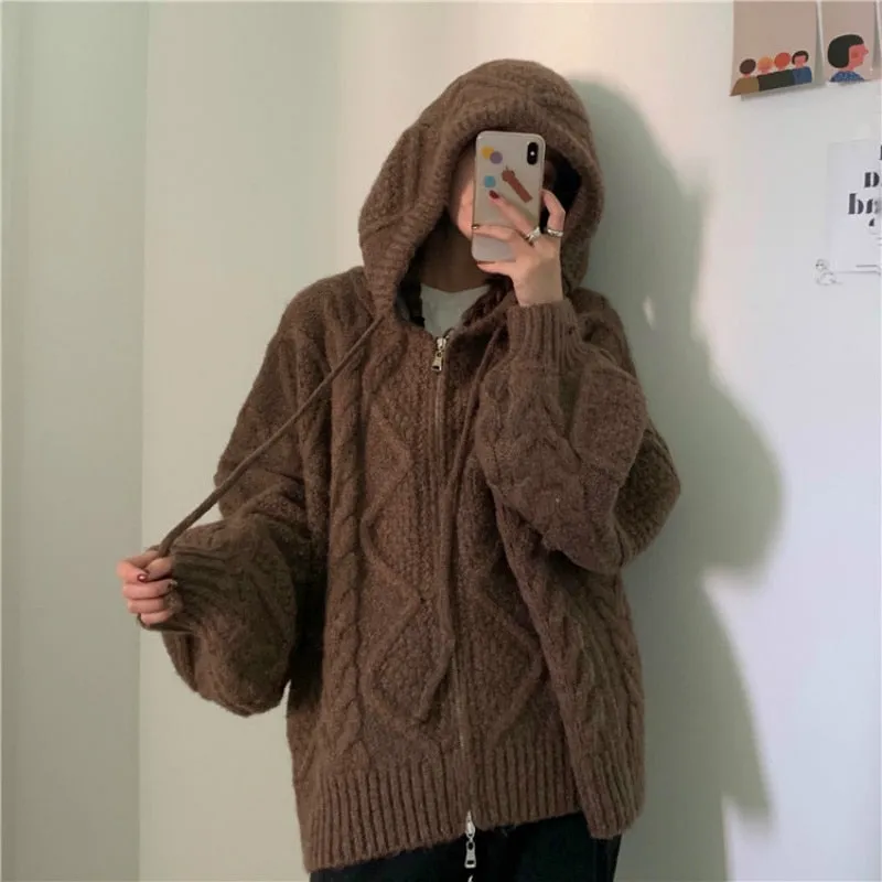 Women's Oversized Knitted Hooded Cardigan Twist Sweater